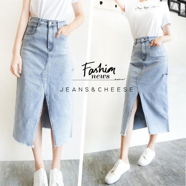 高腰.顯瘦.前開衩.牛仔裙.A字長裙.水洗.牛仔長裙.超彈力割破 長裙過膝裙 .韓系 A字裙.下擺抓鬚#.T7.347-細節圖4