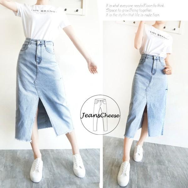 高腰.顯瘦.前開衩.牛仔裙.A字長裙.水洗.牛仔長裙.超彈力割破 長裙過膝裙 .韓系 A字裙.下擺抓鬚#.T7.347-細節圖6