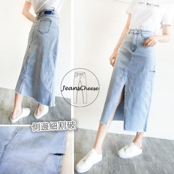 高腰.顯瘦.前開衩.牛仔裙.A字長裙.水洗.牛仔長裙.超彈力割破 長裙過膝裙 .韓系 A字裙.下擺抓鬚#.T7.347-細節圖7