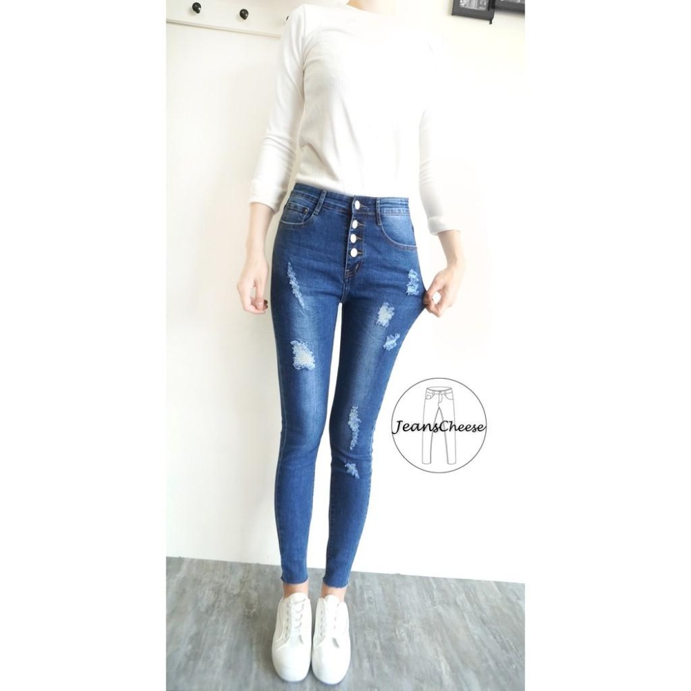 顯瘦排釦💖美腿神褲.牛仔褲.美尻提臀.中低腰 彈力.刷破牛仔長褲女裝#.O3.9236-細節圖3