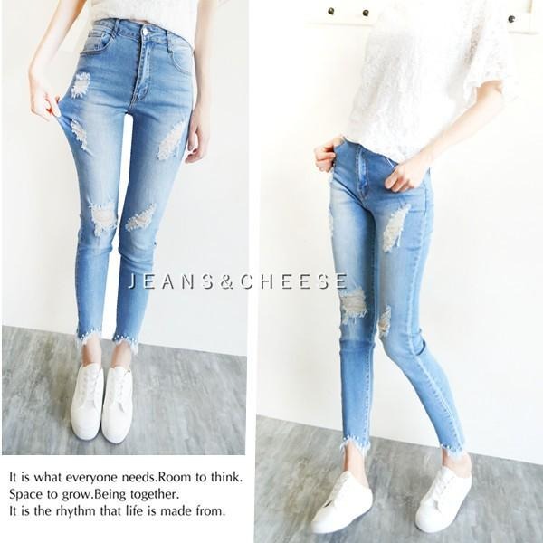 韓妞必備 氣質顯瘦 亮珠倒V褲管 九分牛仔褲 九分褲 不規則個性刷破 牛仔長褲 牛仔褲#.T6.6166-細節圖5