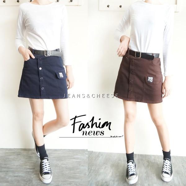 2色3碼🌠附皮帶🌠 挺版逆齡文青風  前排釦後鬆緊 A字裙 顯瘦 短裙 中高腰褲裙 英字皮標口袋 #.O6.6760-細節圖2