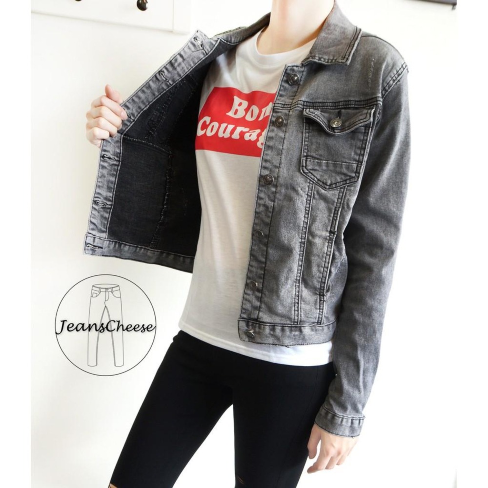歐美風個性時尚黑灰刷色牛仔外套 刷白細刷破 顯瘦彈性 韓妞必備 百搭 男友風#.O9.1698-細節圖5