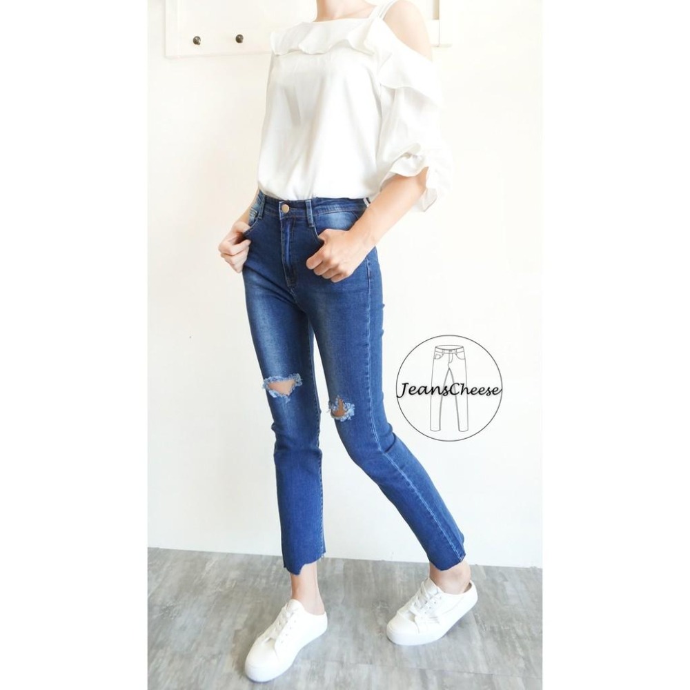 蝦皮最便宜!氣質小香風💖超彈顯瘦.中高腰.九分不規則刷破.小直筒褲.牛仔長褲.九分褲#O3.9035-細節圖2