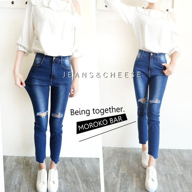 蝦皮最便宜!氣質小香風💖超彈顯瘦.中高腰.九分不規則刷破.小直筒褲.牛仔長褲.九分褲#O3.9035-細節圖3