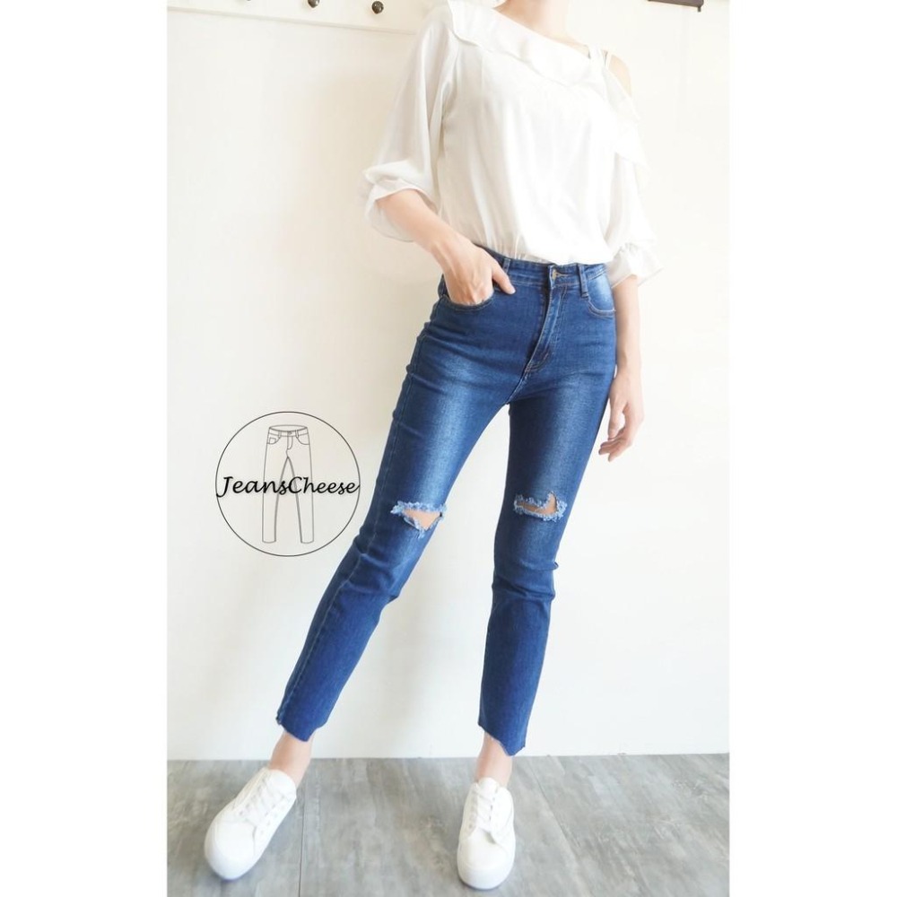 蝦皮最便宜!氣質小香風💖超彈顯瘦.中高腰.九分不規則刷破.小直筒褲.牛仔長褲.九分褲#O3.9035-細節圖4