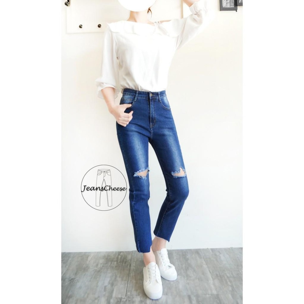 蝦皮最便宜!氣質小香風💖超彈顯瘦.中高腰.九分不規則刷破.小直筒褲.牛仔長褲.九分褲#O3.9035-細節圖5
