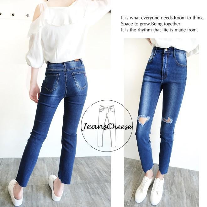 蝦皮最便宜!氣質小香風💖超彈顯瘦.中高腰.九分不規則刷破.小直筒褲.牛仔長褲.九分褲#O3.9035-細節圖6