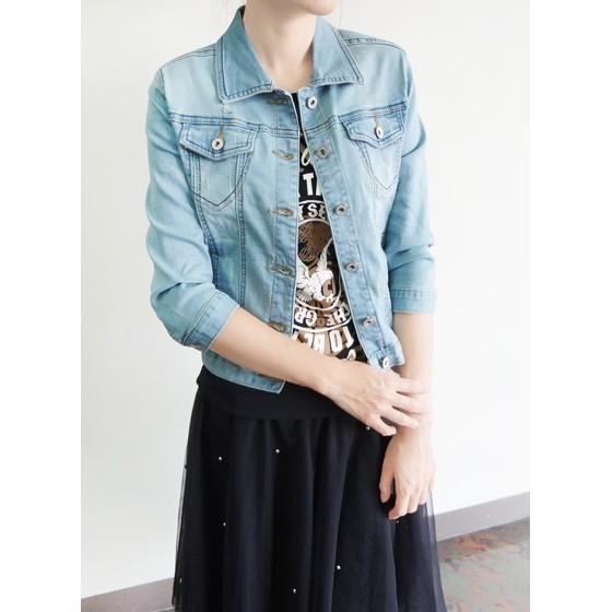 M~L英式丹寧牛仔七分外套，春夏秋必備百搭單品，前口袋後印個性英字!NO.879-128-細節圖7