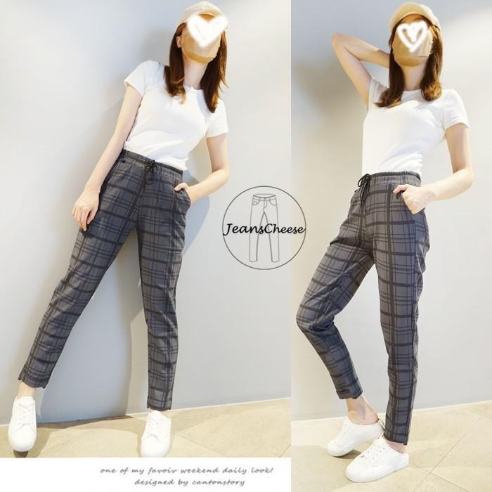 日系🇯🇵鬆緊綁帶.高腰顯瘦.抗皺升級款.格子褲.老爺褲.哈倫褲.休閒褲.格紋褲.休閒長褲.修飾.長褲.顯瘦褲子.格子褲女-細節圖2