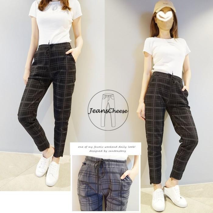 日系🇯🇵鬆緊綁帶.高腰顯瘦.抗皺升級款.格子褲.老爺褲.哈倫褲.休閒褲.格紋褲.休閒長褲.修飾.長褲.顯瘦褲子.格子褲女-細節圖3