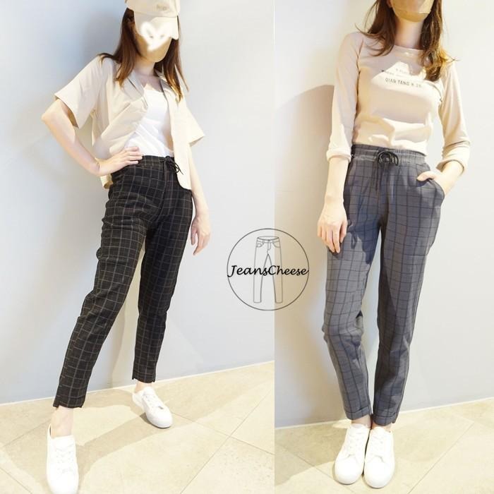 日系🇯🇵鬆緊綁帶.高腰顯瘦.抗皺升級款.格子褲.老爺褲.哈倫褲.休閒褲.格紋褲.休閒長褲.修飾.長褲.顯瘦褲子.格子褲女-細節圖4
