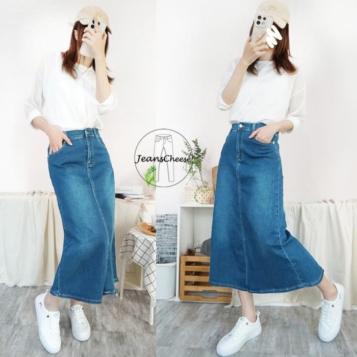 高腰顯瘦後鬆緊A字長裙 牛仔長裙 後開衩牛仔裙 A字牛仔裙 開衩長裙 A字裙 裙子 長裙 開衩裙 高腰裙.V6.6367-細節圖4