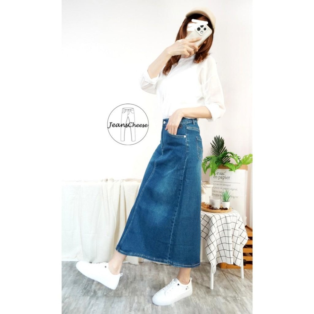 高腰顯瘦後鬆緊A字長裙 牛仔長裙 後開衩牛仔裙 A字牛仔裙 開衩長裙 A字裙 裙子 長裙 開衩裙 高腰裙.V6.6367-細節圖5