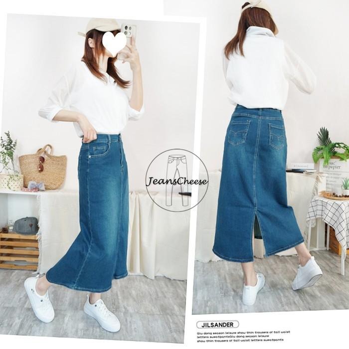 高腰顯瘦後鬆緊A字長裙 牛仔長裙 後開衩牛仔裙 A字牛仔裙 開衩長裙 A字裙 裙子 長裙 開衩裙 高腰裙.V6.6367-細節圖6