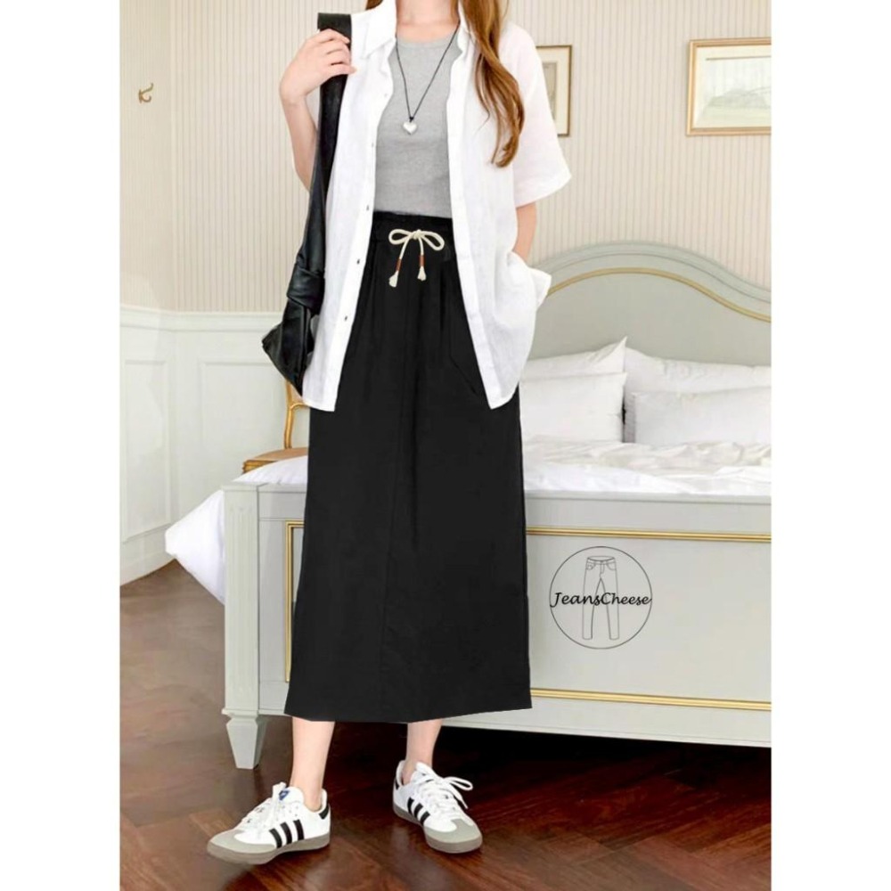 a la風必包色🇯🇵 挺版棉麻A字長裙 後開衩 A字裙 開衩裙 高腰裙 過膝裙 長裙 裙子 工裝裙 .E38.1081-細節圖3