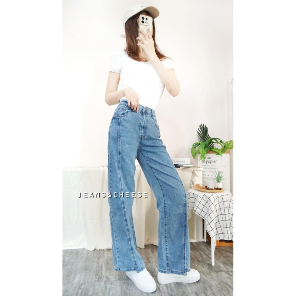 前釦後鬆緊牛仔寬褲 顯瘦車線 A字寬褲 闊腿褲 直筒褲 落地褲 牛仔長褲 直筒牛仔褲 高腰長褲.E38.5780-細節圖2