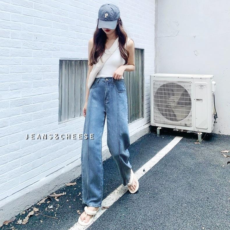 前釦後鬆緊牛仔寬褲 顯瘦車線 A字寬褲 闊腿褲 直筒褲 落地褲 牛仔長褲 直筒牛仔褲 高腰長褲.E38.5780-細節圖4