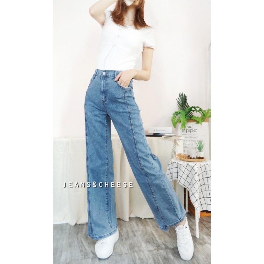 前釦後鬆緊牛仔寬褲 顯瘦車線 A字寬褲 闊腿褲 直筒褲 落地褲 牛仔長褲 直筒牛仔褲 高腰長褲.E38.5780-細節圖5