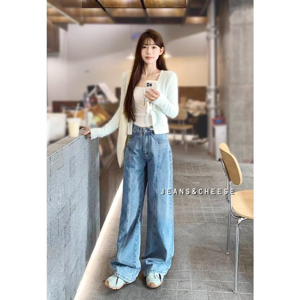 前釦後鬆緊牛仔寬褲 顯瘦車線 A字寬褲 闊腿褲 直筒褲 落地褲 牛仔長褲 直筒牛仔褲 高腰長褲.E38.5780-細節圖6