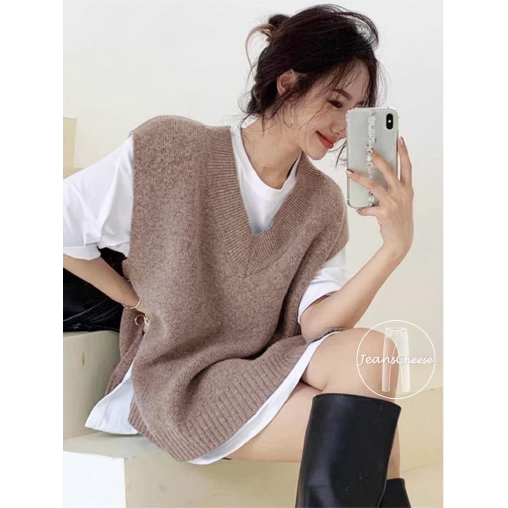 6色🌈 前短後長針織背心 彈力 針織馬甲 針織毛衣  馬甲背心 女裝 毛衣背心 外搭背心 V領針織 韓版背心 毛衣-細節圖3