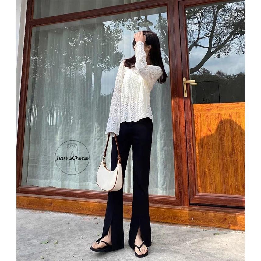 高腰激瘦挺版.超彈性.開衩喇叭褲.鬆緊帶.黑褲.黑色長褲.工作褲.微喇叭褲..韓版長褲女.緊身褲修身褲.S4.9143-細節圖2