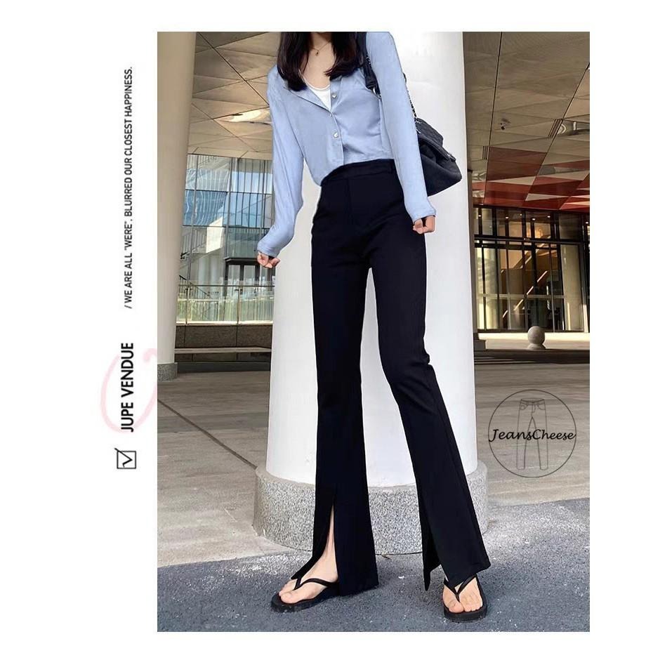 高腰激瘦挺版.超彈性.開衩喇叭褲.鬆緊帶.黑褲.黑色長褲.工作褲.微喇叭褲..韓版長褲女.緊身褲修身褲.S4.9143-細節圖3