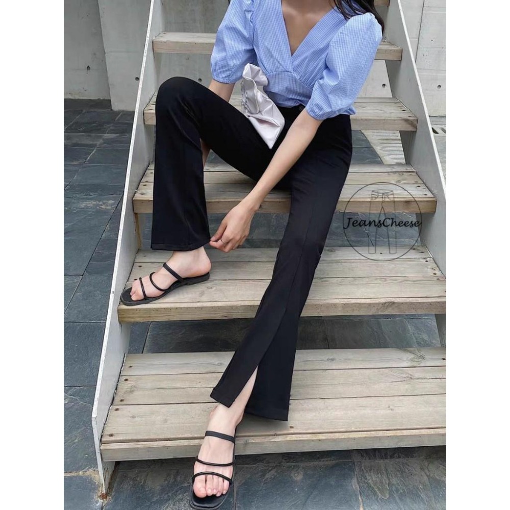 高腰激瘦挺版.超彈性.開衩喇叭褲.鬆緊帶.黑褲.黑色長褲.工作褲.微喇叭褲..韓版長褲女.緊身褲修身褲.S4.9143-細節圖4