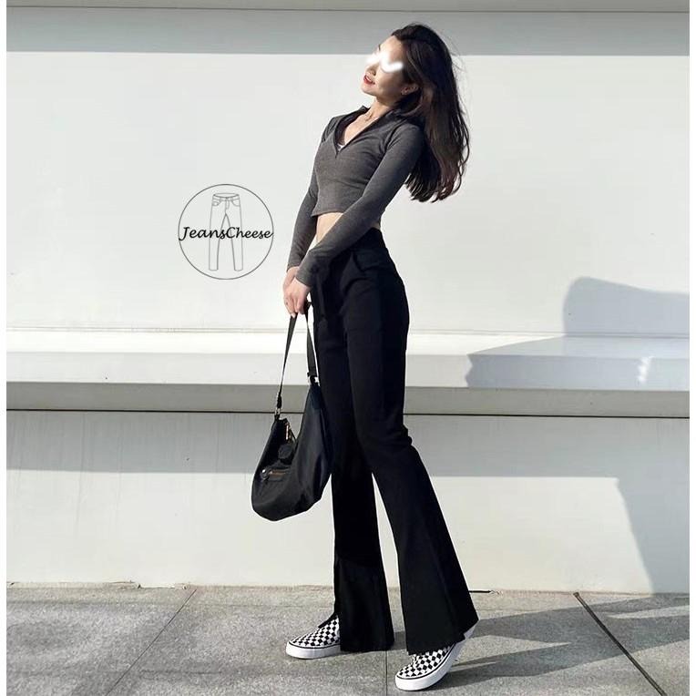 高腰激瘦挺版.超彈性.開衩喇叭褲.鬆緊帶.黑褲.黑色長褲.工作褲.微喇叭褲..韓版長褲女.緊身褲修身褲.S4.9143-細節圖5