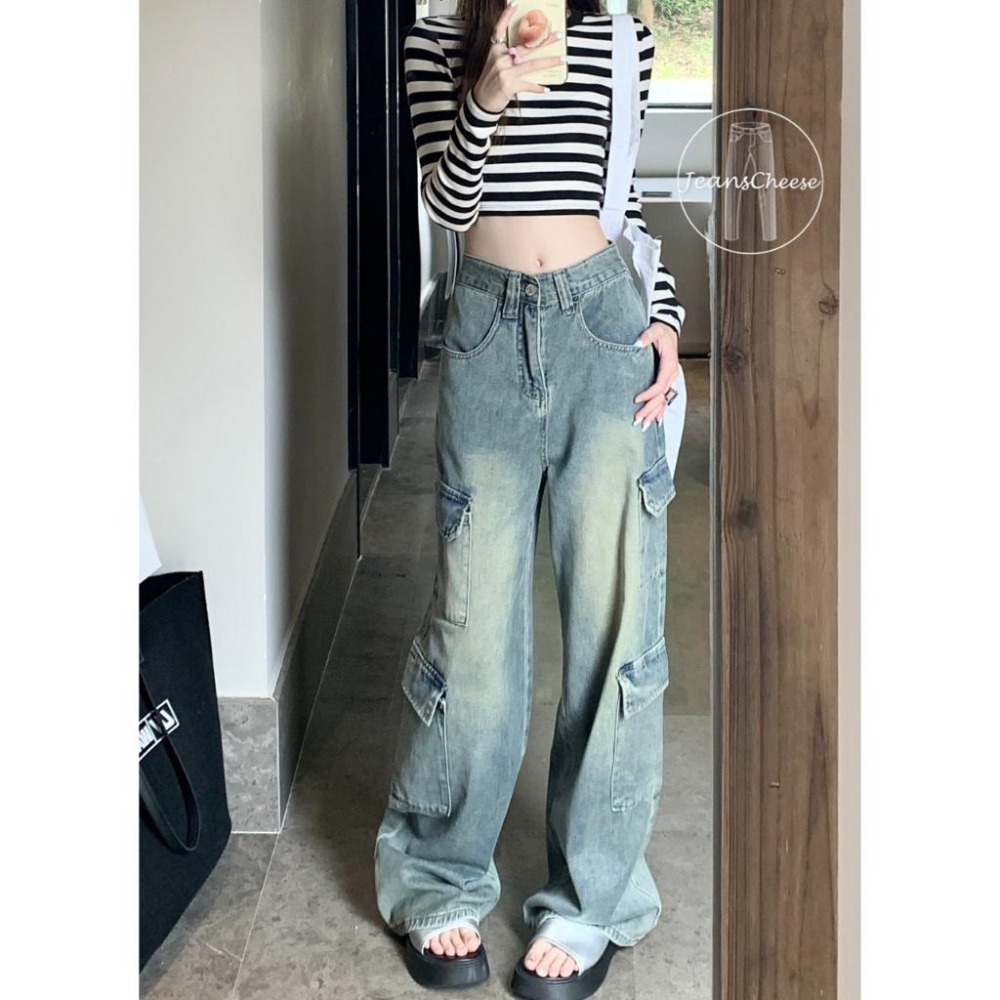 怪美的訂製款😍超顯瘦時尚復古工作褲 8口袋工裝褲 高腰挺版 寬褲 落地褲 落地寬褲 牛仔寬褲 休閒長褲 工作褲女-細節圖2