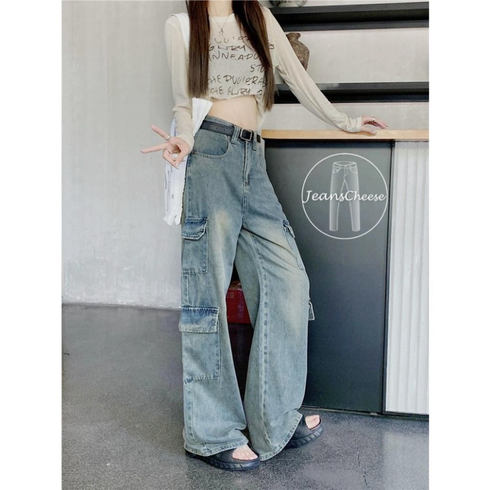 怪美的訂製款😍超顯瘦時尚復古工作褲 8口袋工裝褲 高腰挺版 寬褲 落地褲 落地寬褲 牛仔寬褲 休閒長褲 工作褲女-細節圖3