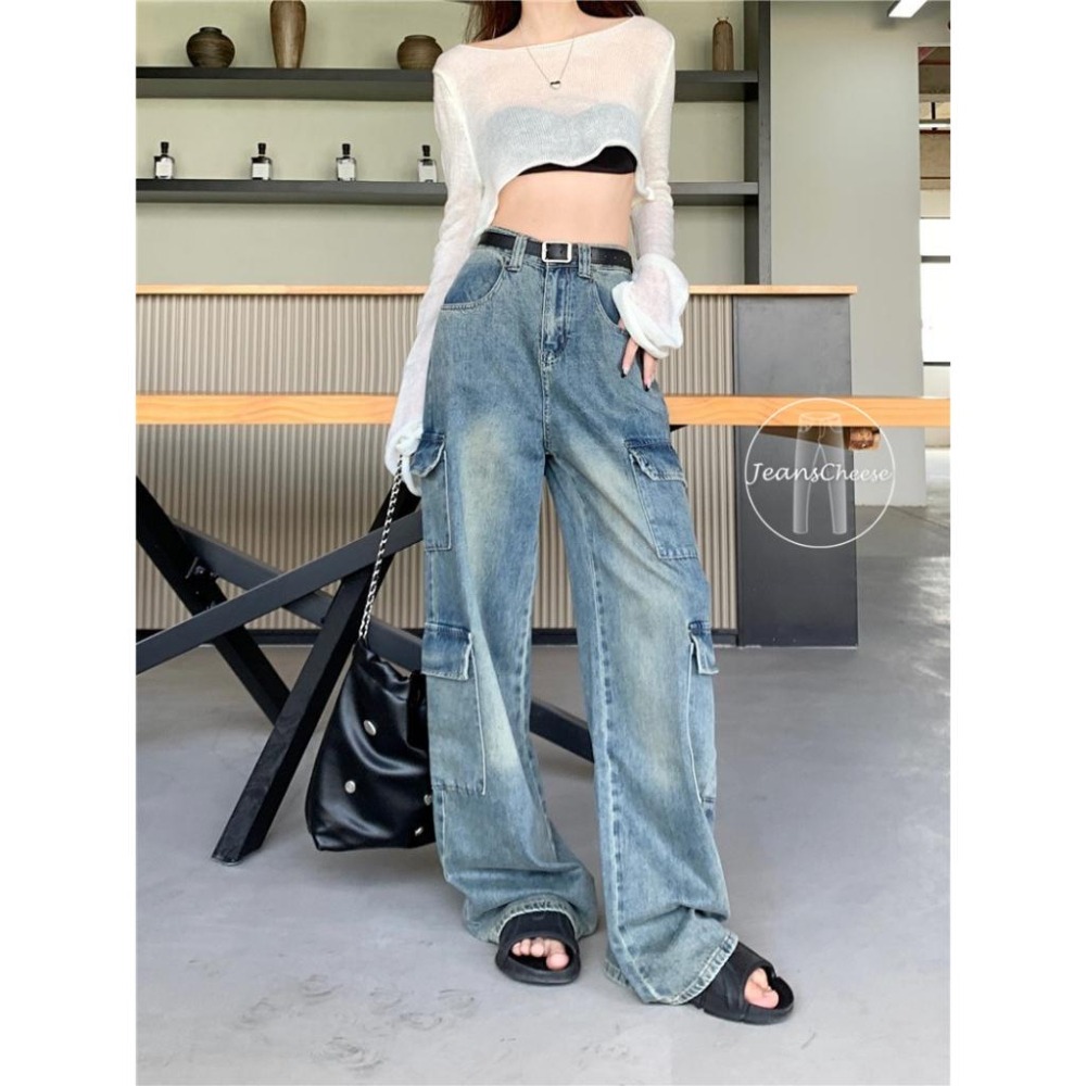 怪美的訂製款😍超顯瘦時尚復古工作褲 8口袋工裝褲 高腰挺版 寬褲 落地褲 落地寬褲 牛仔寬褲 休閒長褲 工作褲女-細節圖4