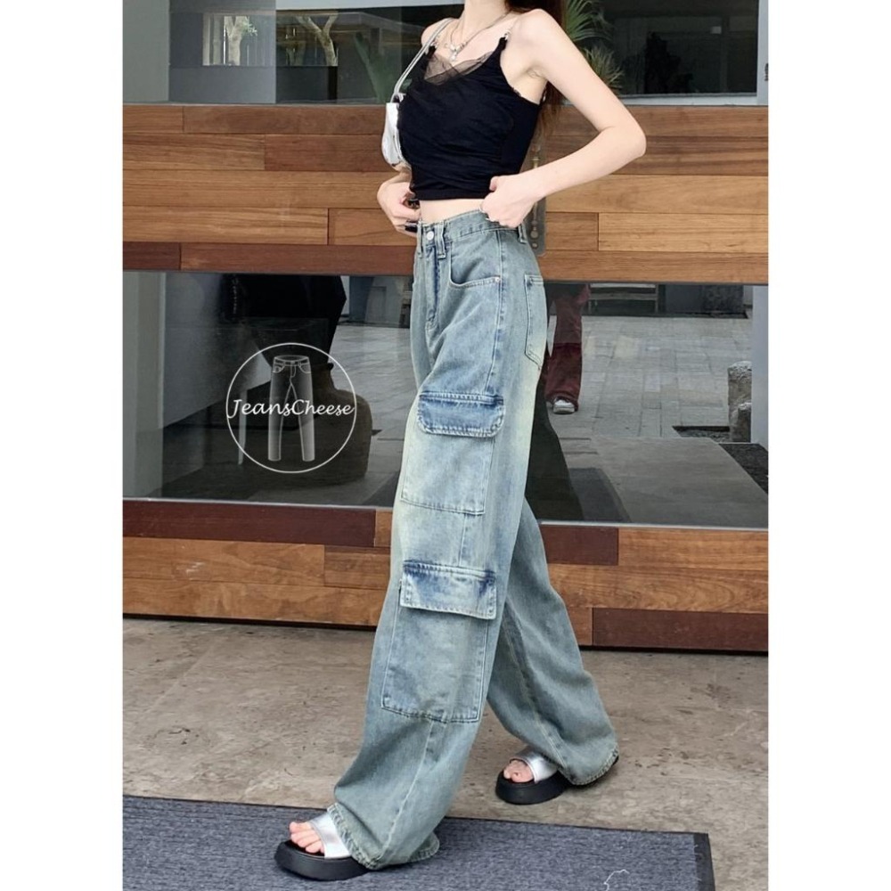 怪美的訂製款😍超顯瘦時尚復古工作褲 8口袋工裝褲 高腰挺版 寬褲 落地褲 落地寬褲 牛仔寬褲 休閒長褲 工作褲女-細節圖5