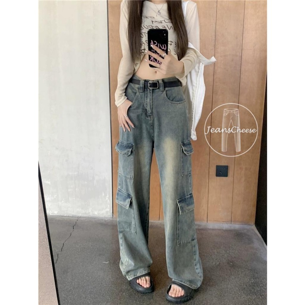 怪美的訂製款😍超顯瘦時尚復古工作褲 8口袋工裝褲 高腰挺版 寬褲 落地褲 落地寬褲 牛仔寬褲 休閒長褲 工作褲女-細節圖6