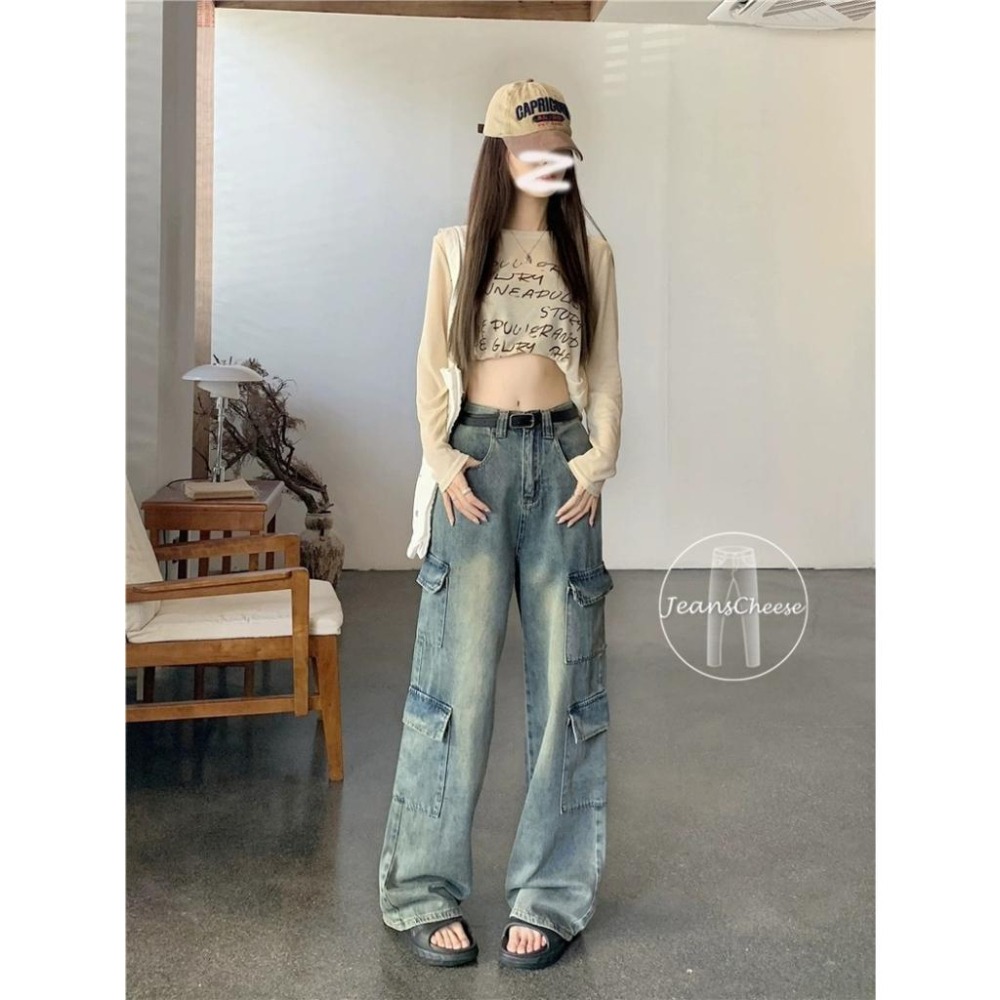 怪美的訂製款😍超顯瘦時尚復古工作褲 8口袋工裝褲 高腰挺版 寬褲 落地褲 落地寬褲 牛仔寬褲 休閒長褲 工作褲女-細節圖8