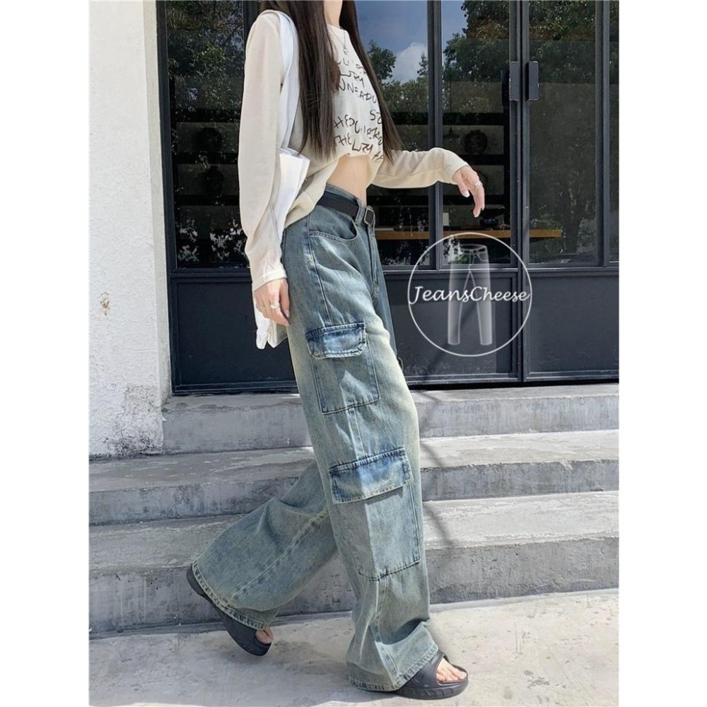 怪美的訂製款😍超顯瘦時尚復古工作褲 8口袋工裝褲 高腰挺版 寬褲 落地褲 落地寬褲 牛仔寬褲 休閒長褲 工作褲女-細節圖9