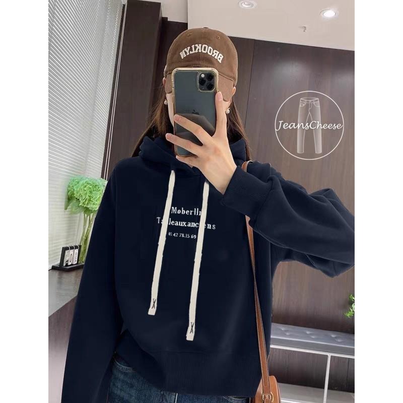 麂皮面料 韓系休閒顯瘦長袖帽T 大學T 學院風 帽T 長袖上衣 休閒上衣 落肩上衣 女裝 上衣.S1.4515-細節圖3