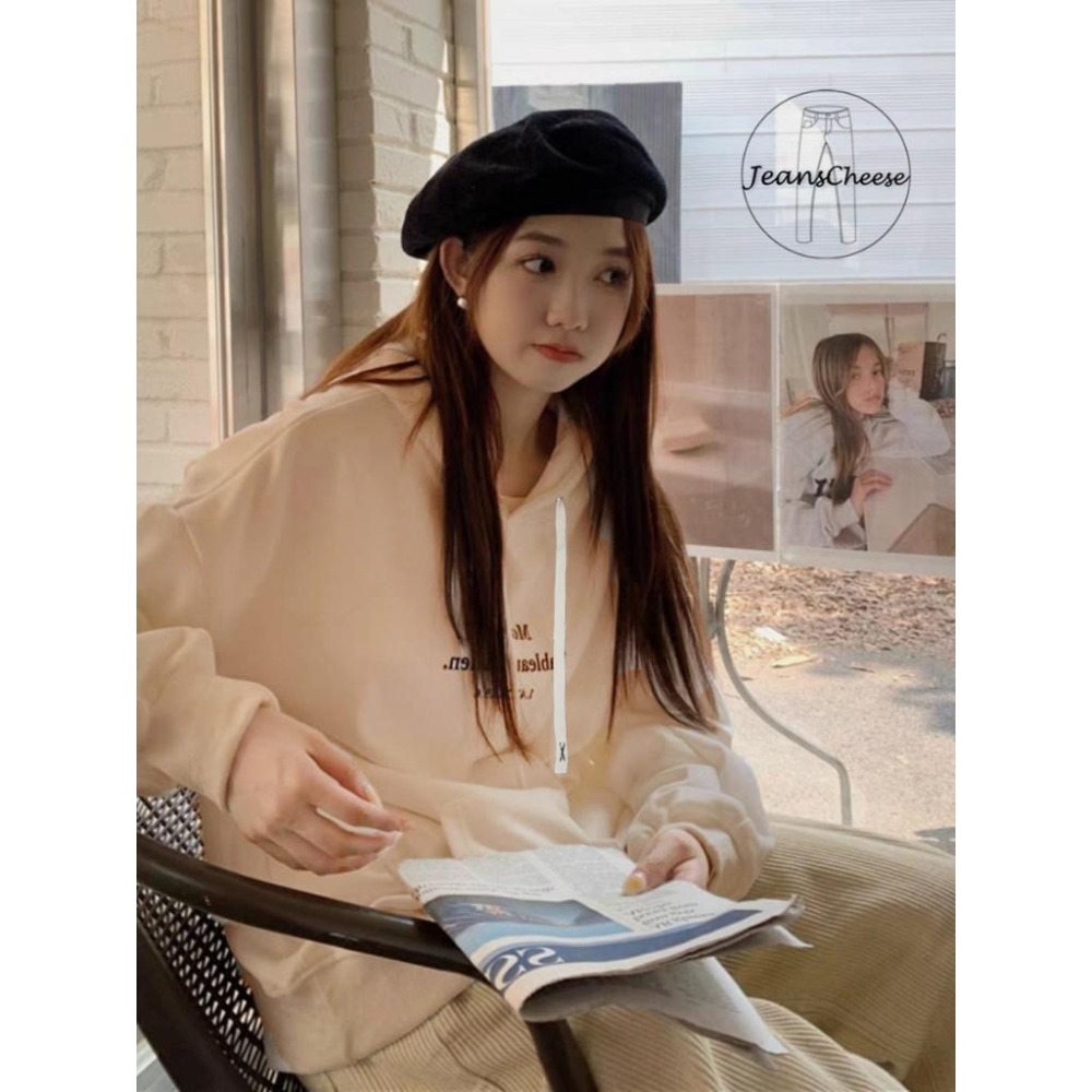 麂皮面料 韓系休閒顯瘦長袖帽T 大學T 學院風 帽T 長袖上衣 休閒上衣 落肩上衣 女裝 上衣.S1.4515-細節圖5