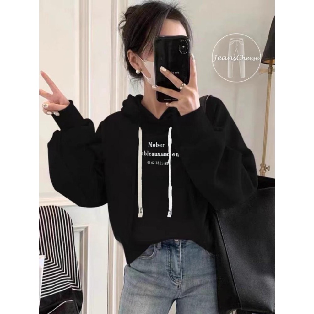 麂皮面料 韓系休閒顯瘦長袖帽T 大學T 學院風 帽T 長袖上衣 休閒上衣 落肩上衣 女裝 上衣.S1.4515-細節圖6