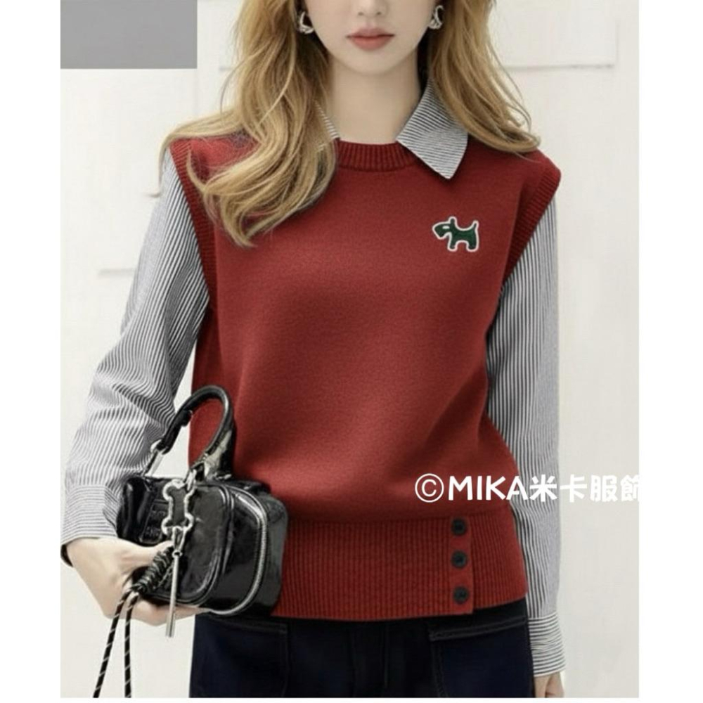 《MIKA米卡服飾》現貨 假兩件條紋拼接針織衫 長袖上衣 條紋拼接 翻領上衣 顯瘦 假兩件 針織背心 韓系針織衫 女裝-細節圖2
