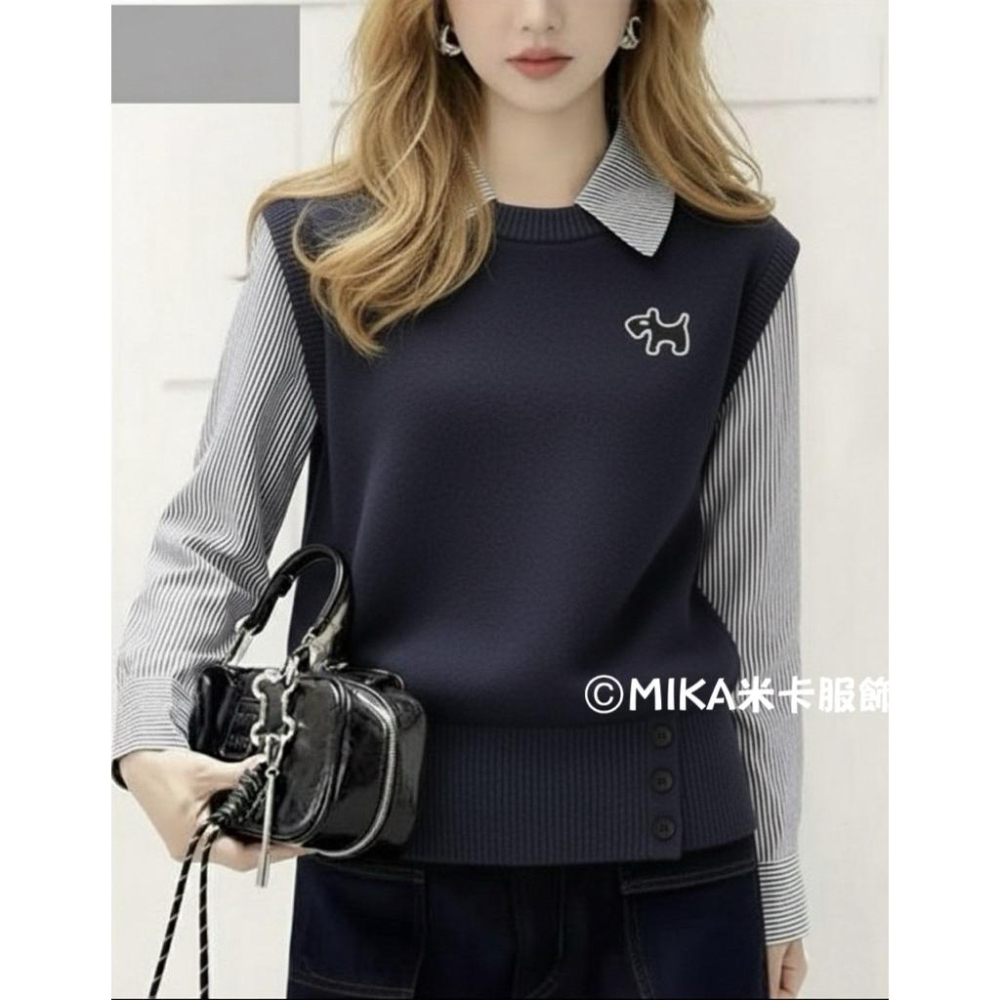 《MIKA米卡服飾》現貨 假兩件條紋拼接針織衫 長袖上衣 條紋拼接 翻領上衣 顯瘦 假兩件 針織背心 韓系針織衫 女裝-細節圖3