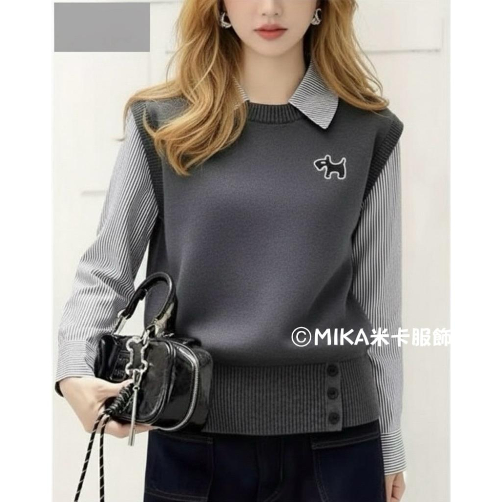 《MIKA米卡服飾》現貨 假兩件條紋拼接針織衫 長袖上衣 條紋拼接 翻領上衣 顯瘦 假兩件 針織背心 韓系針織衫 女裝-細節圖4