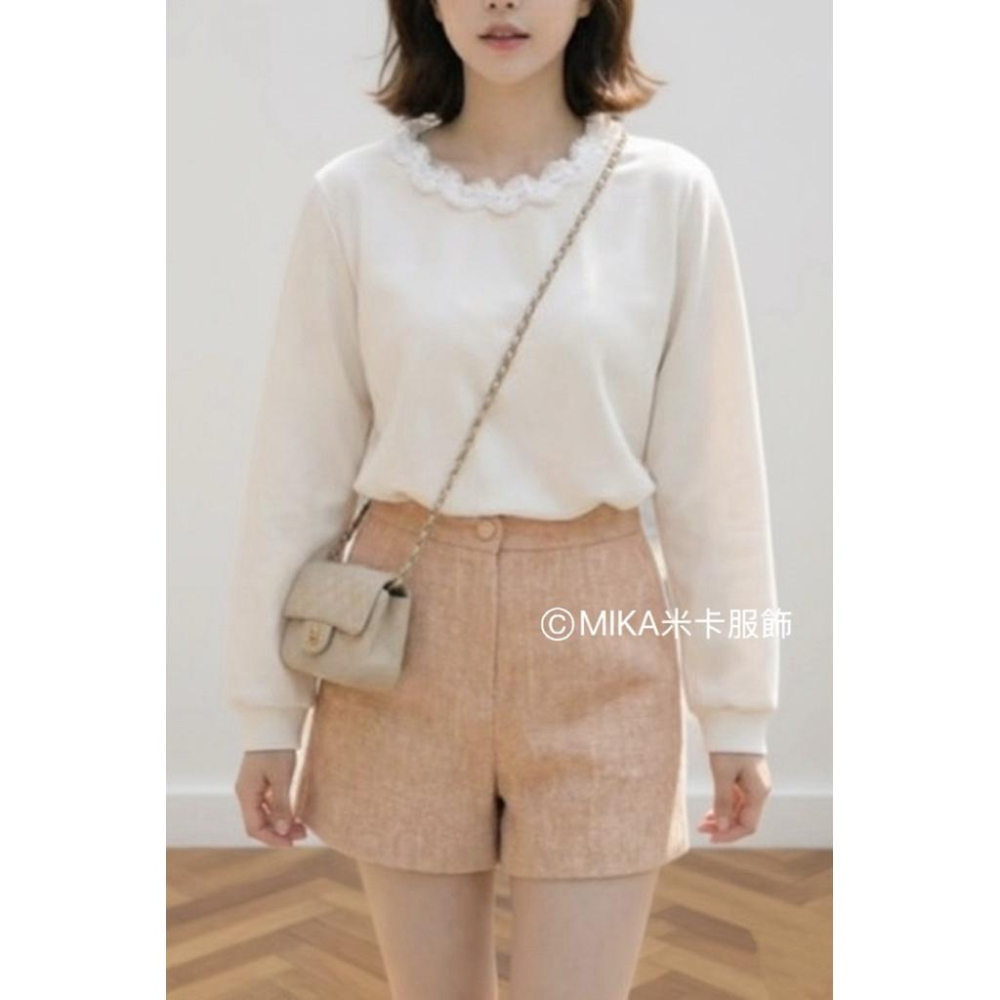 《MIKA米卡服飾》現貨 蕾絲花邊上衣 高級釘珠棉T 長袖上衣 長袖t恤 棉T 蕾絲 圓領 長袖 素T 素面 女裝-細節圖2