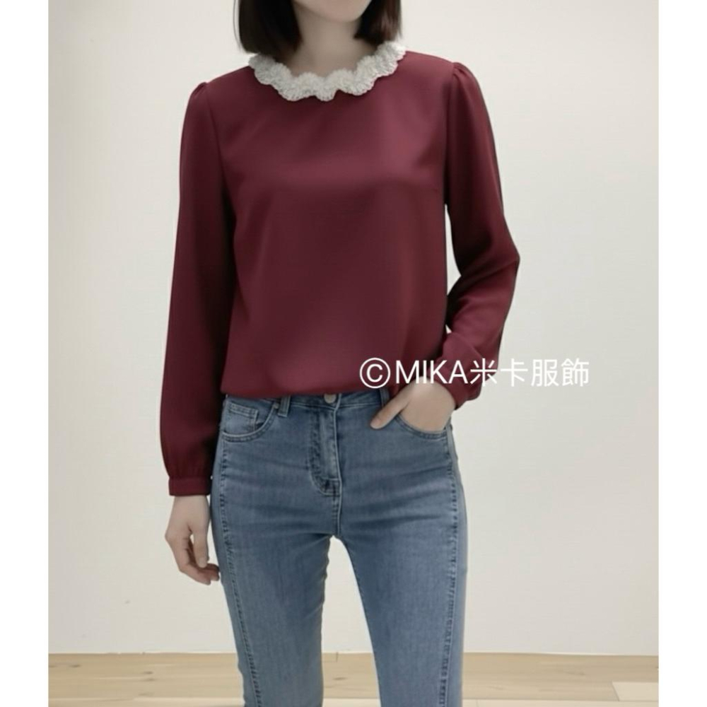 《MIKA米卡服飾》現貨 蕾絲花邊上衣 高級釘珠棉T 長袖上衣 長袖t恤 棉T 蕾絲 圓領 長袖 素T 素面 女裝-細節圖5