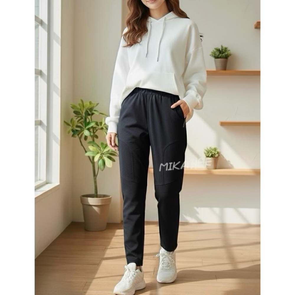 《MIKA米卡服飾》現貨 刷毛褲 口袋拉鍊刷毛褲 彈力褲 黑褲 哈倫褲 拉鍊口袋刷毛褲 運動褲 直筒褲 刷毛 男友褲-細節圖2