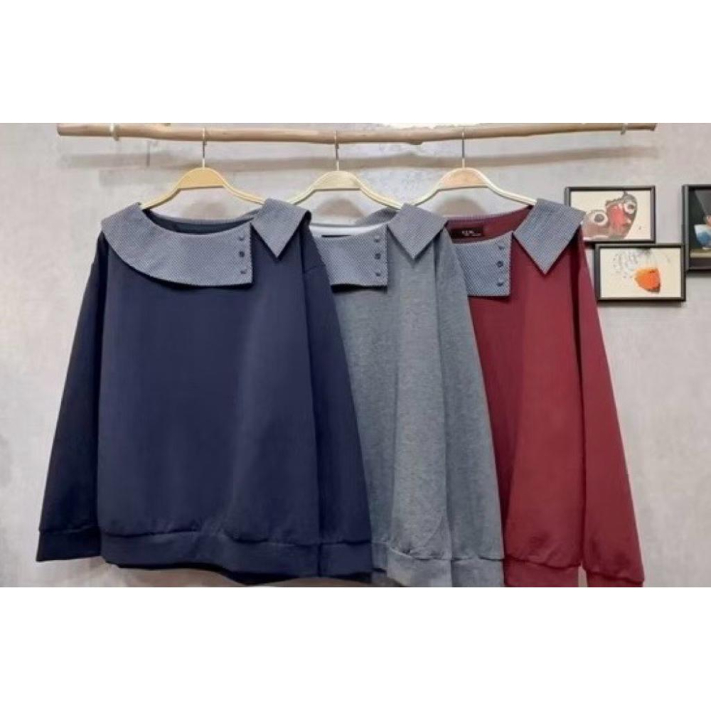 《MIKA米卡服飾》現貨 格子領長袖上衣 韓版棉T 長袖上衣 格子領配釦上衣 素面 棉T 素面上衣 長袖 t恤 女裝-細節圖2