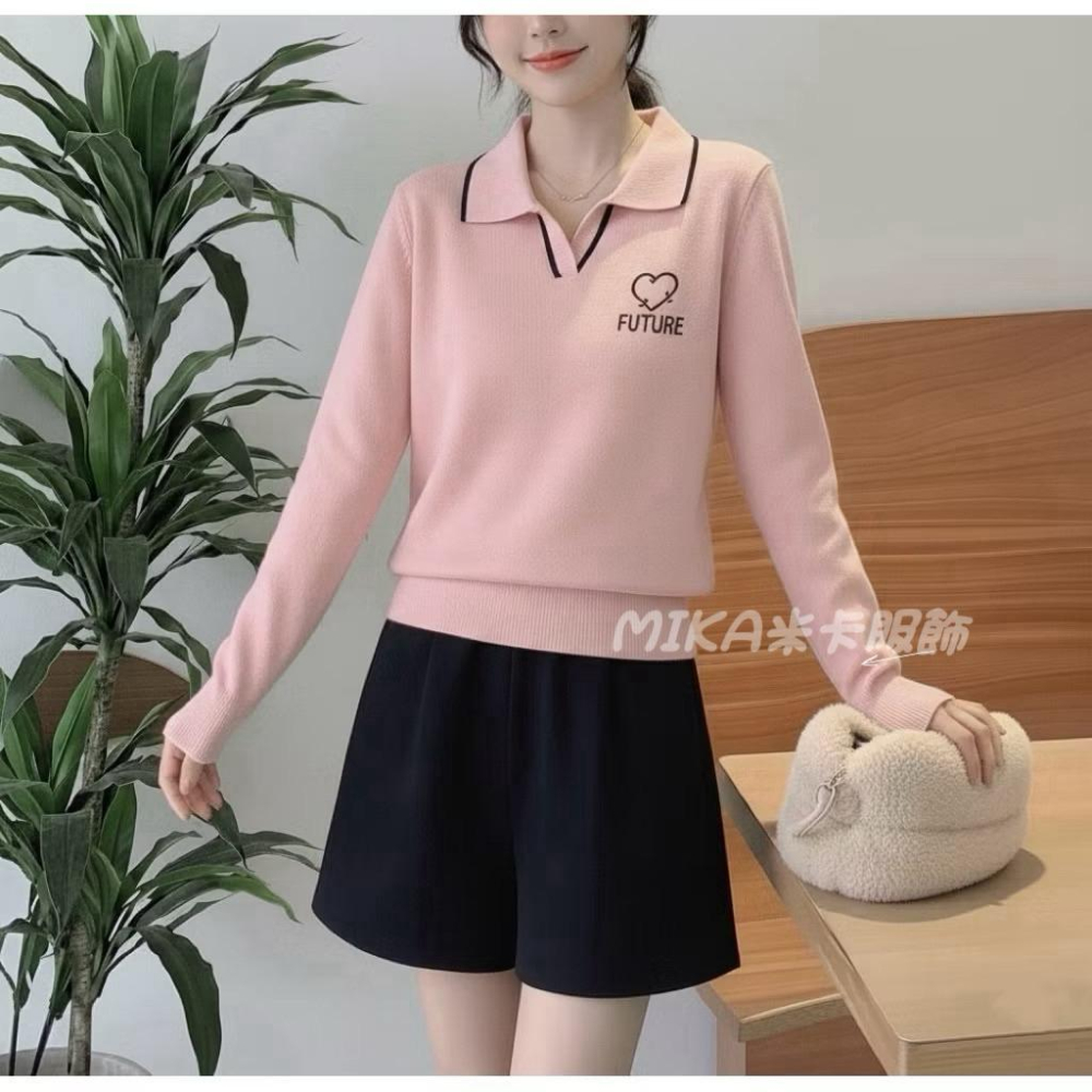 《MIKA米卡服飾》現貨 翻領針織衫 水貂毛 針織毛衣 針織 長袖上衣 毛衣 polo領 針織衫 保暖 娃娃領 女裝-細節圖3