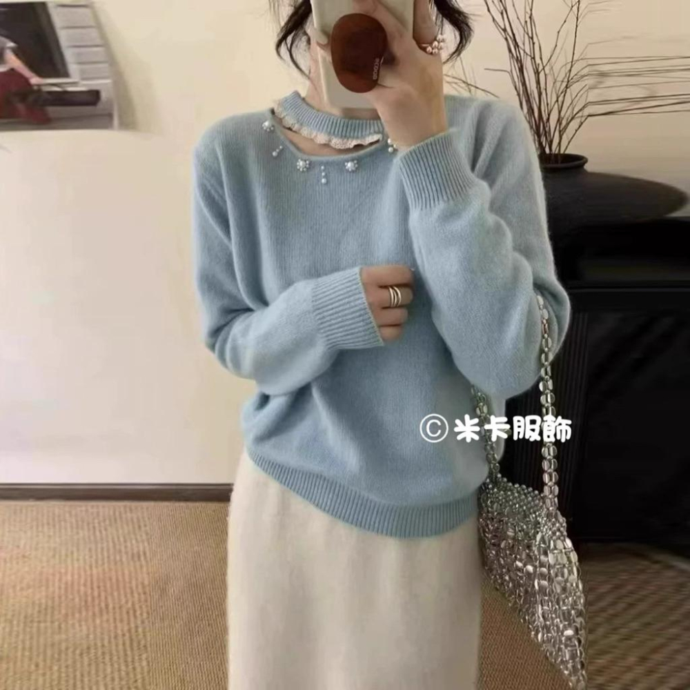 《MIKA米卡服飾》鏤空釘珠針織衫 針織衫 毛衣 釘珠針織 鏤空針織 保暖衣 針織 針織毛衣 毛線衣 釘珠 女裝-細節圖5