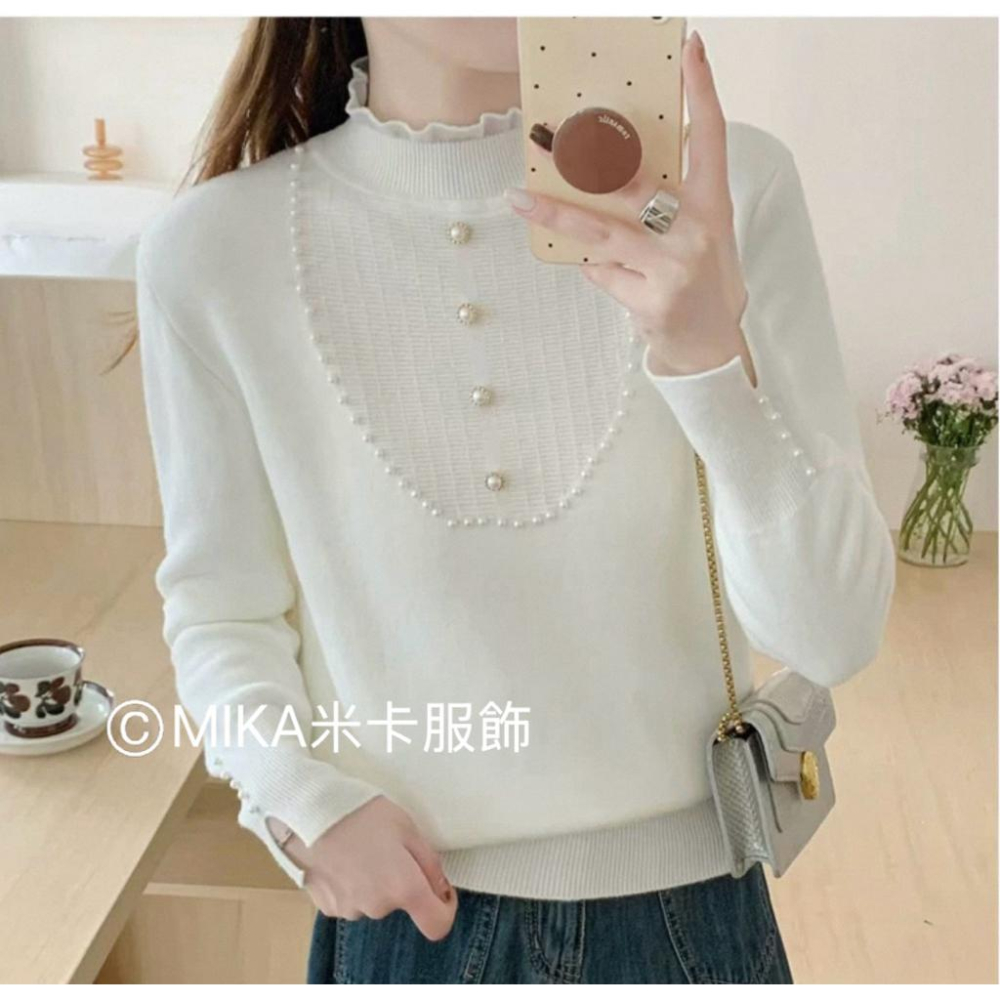 《MIKA米卡服飾》蕾絲刷毛針織衫 刷毛 針織 毛衣 保暖衣  釘珠 絨毛上衣 保暖毛衣 長袖上衣 高領上衣 蕾絲上衣-細節圖3