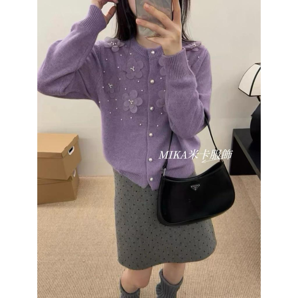 《MIKA米卡服飾》珍珠花朵針織衫 針織開衫 針織毛衣 針織上衣 針織衫 長袖上衣 毛衣 毛線衣 針織 針織外套 女裝-細節圖4